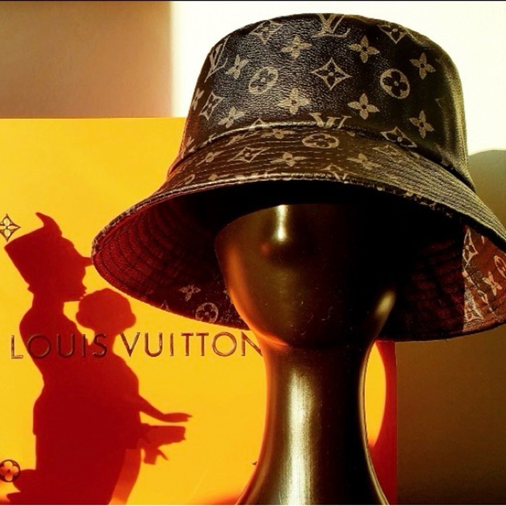 Leather Monogram Black Gray Bucket Hat Calf Skin jacquard Unisex - Picture 5 of 11